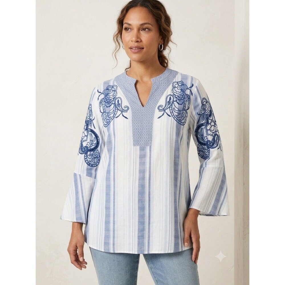 Chicos Tunic Blouse Womens XXL Boho Embroidery Paisley Bell Sleeve Pullover Top